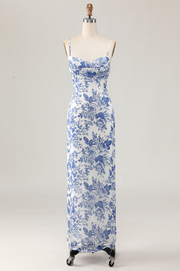Printed Sheath White Blue Flower Long Wedding Guest Dress